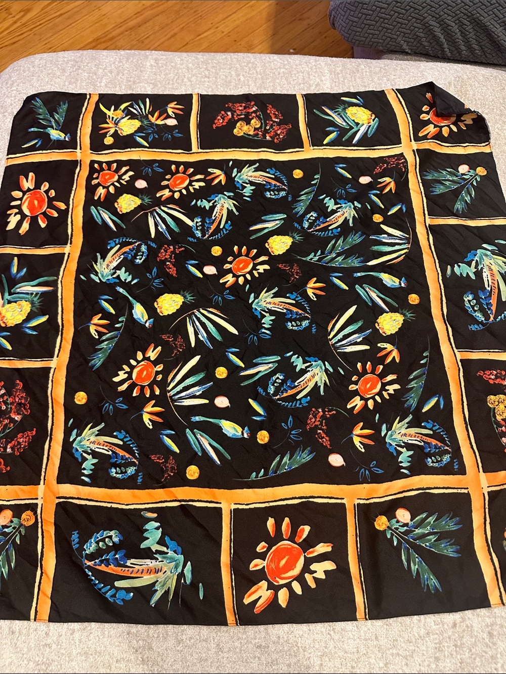 Zara Black Floral Print Square Scarf with Orange and Blue Accents